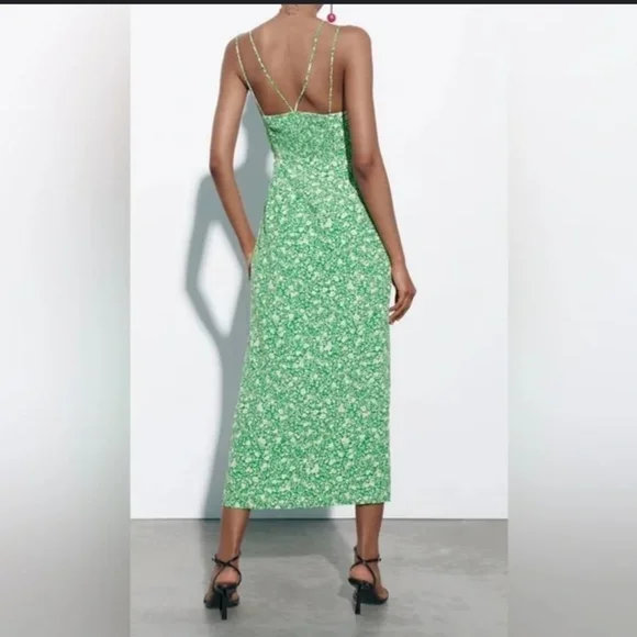 Zara 90s floral print green strappy split skirt maxi dress NWT Large - Picture 3 of 16